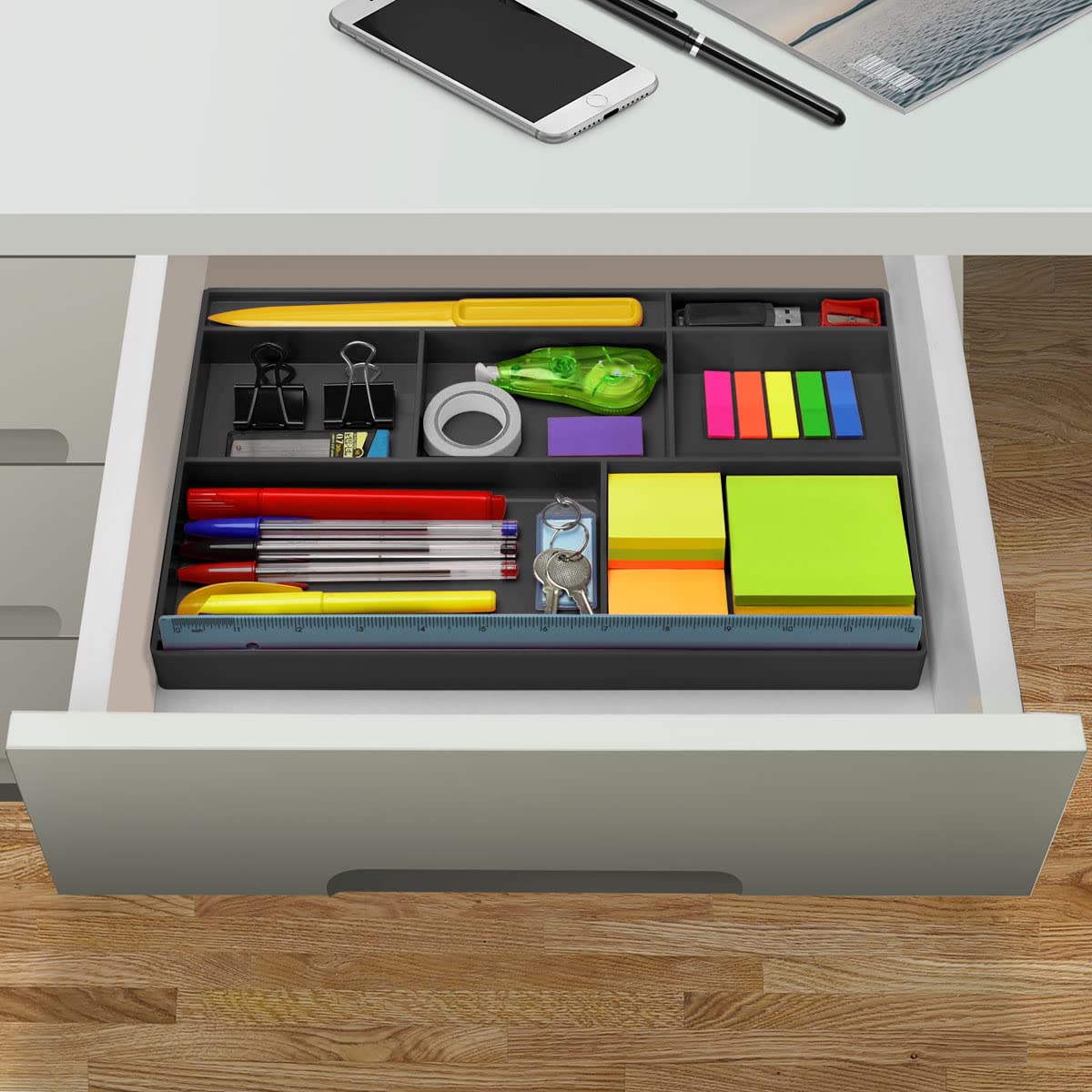 Black plastic desk drawer organizer with 8 compartments
