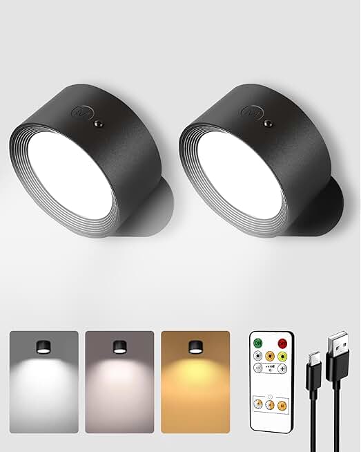 Rechargeable LED Wall Sconces, 3 Color Temps, Remote, Dimmable, 2 Pack