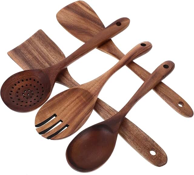 Wooden cooking utensil set with spatula ladle and fork