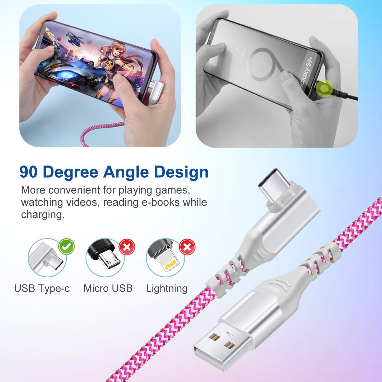 USB Type C Cable Fast Charging [3Pack,10ft], USB C Cable Right Angle 90 Degree USB A to Type C Fast Charger Compatible for Samsung S22+Ultra S21 S20 S10 S9 Plus Note 20 10-Purple,Green,Rose
