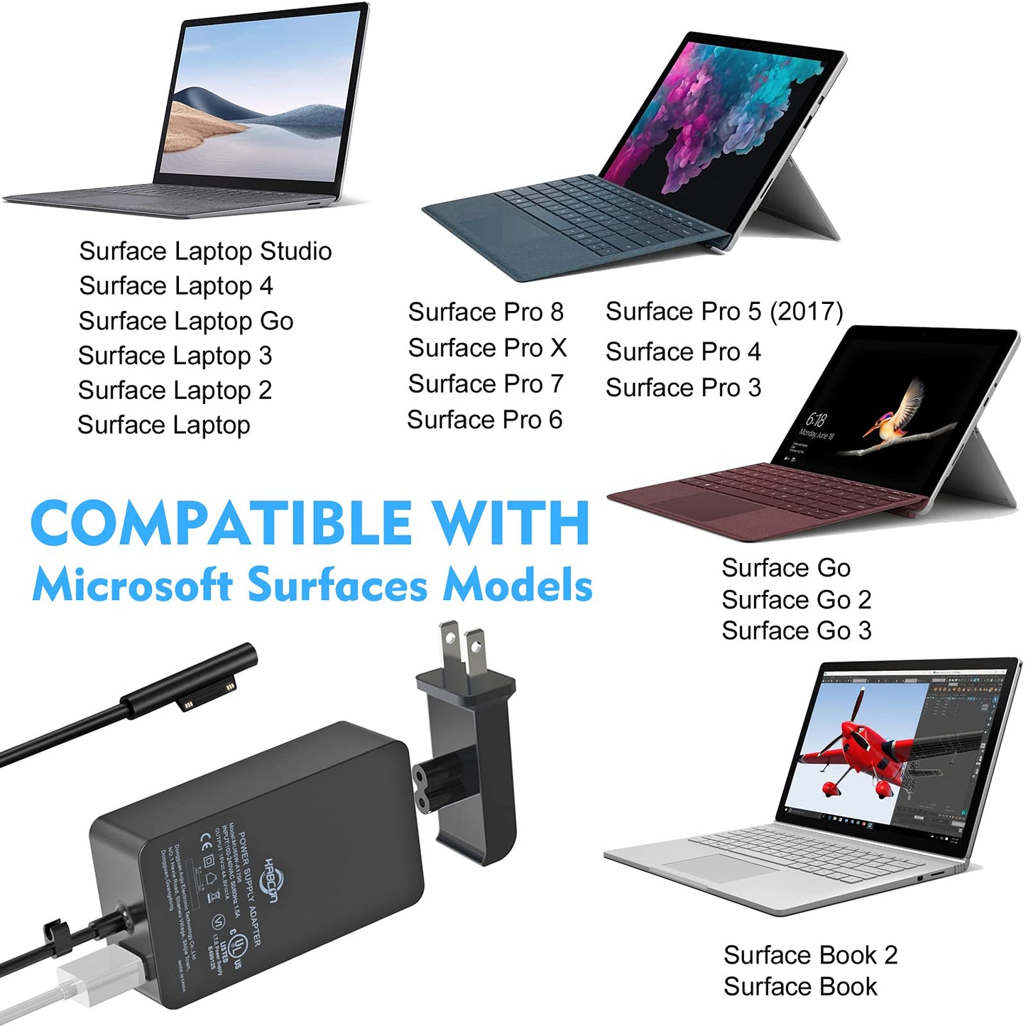Surface Pro Surface Laptop Charger [UL Listed] 65W Adapter Compatible with Microsoft Surface Pro 8 Pro X Pro 7 Pro 6 Pro 5 Pro 4 Pro 3 Surface Laptop 1 2 3 Surface Go 1 2 Surface Book and Travel Case