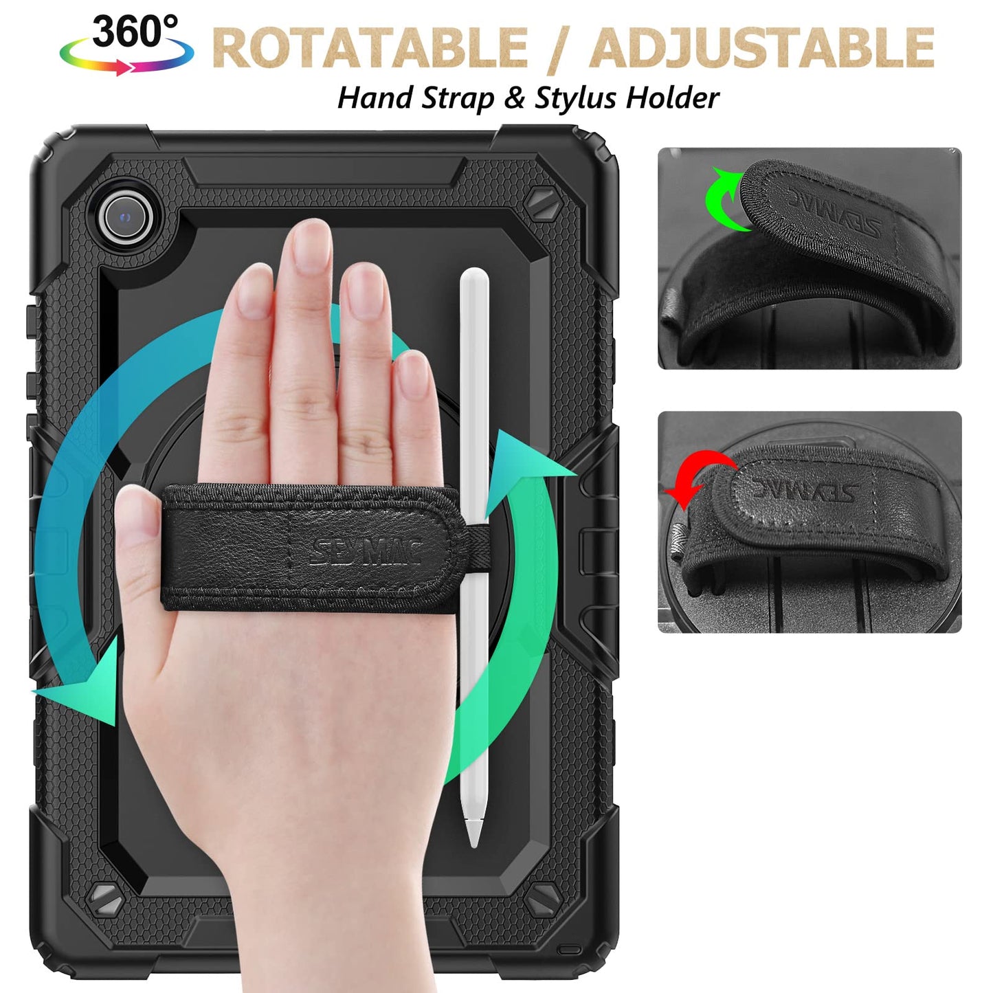 Case for Samsung Galaxy Tab A8 10.5'' 2022 with Screen Protector Pencil Holder [360 Rotating Hand Strap] &Stand, Drop-Proof Case for SM-X200/X205/X207 Galaxy Tab A8, Black