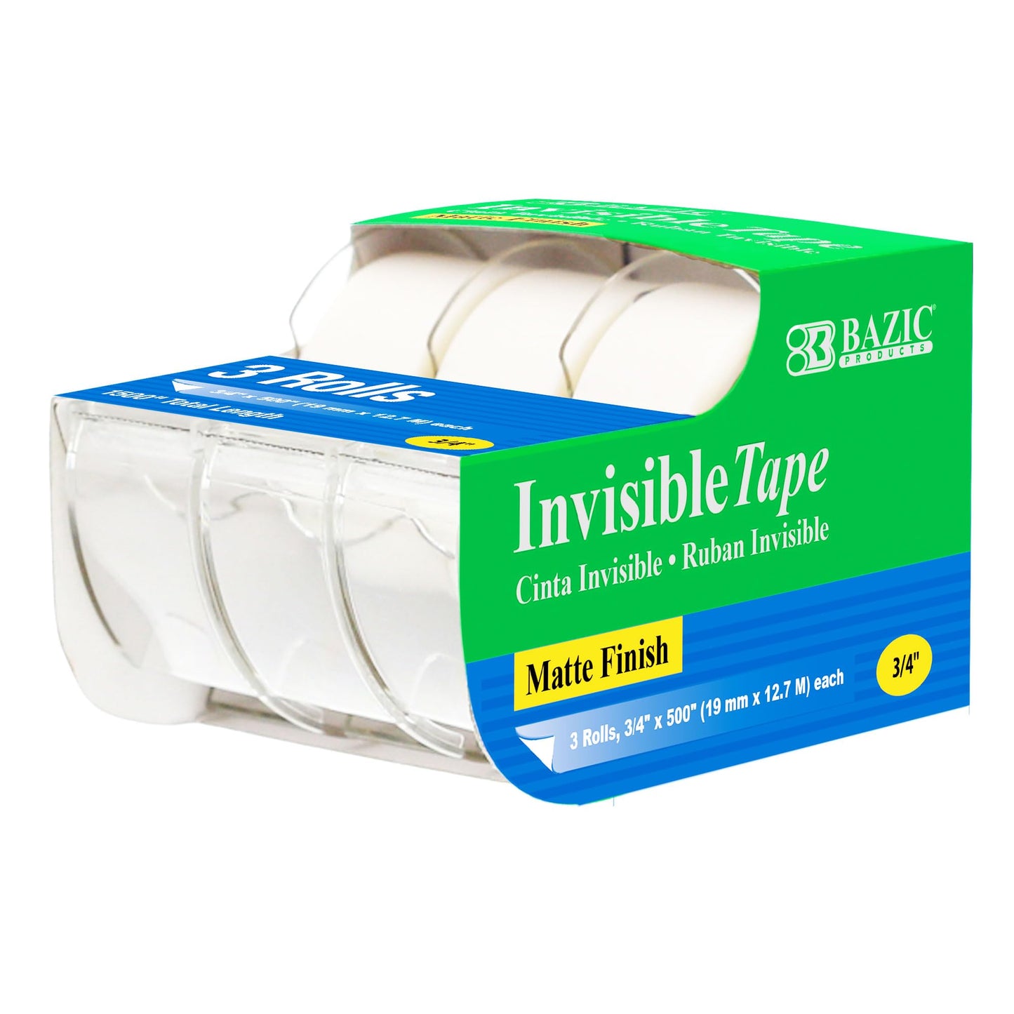 Matte Finish Invisible Tape with Dispenser, 3/4" x 500', 3 Pack