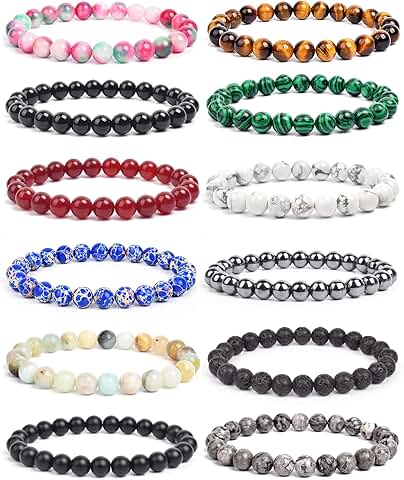 Set of 12 Natural Semi-Precious Gemstone Beaded Bracelets