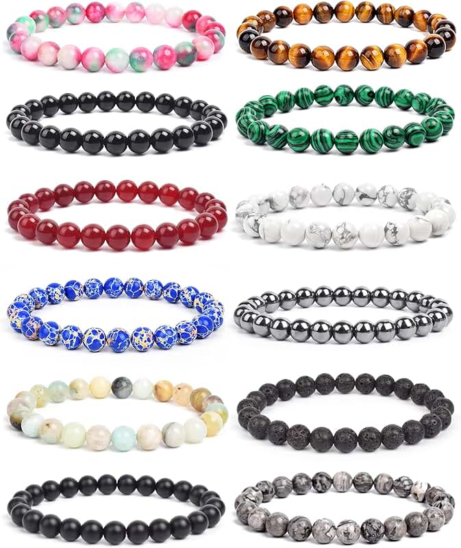Set of 12 Natural Semi-Precious Gemstone Beaded Bracelets