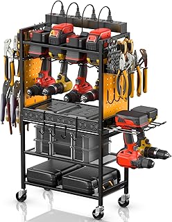 Yellow rolling tool cart with charging station