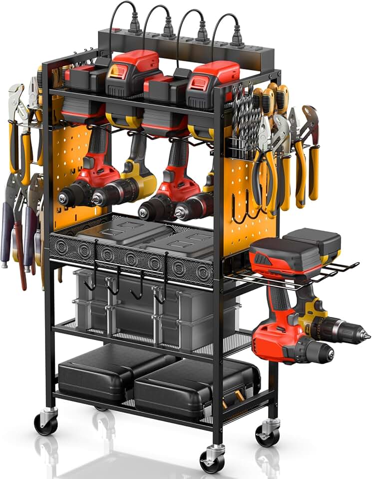 Yellow rolling tool cart with charging station