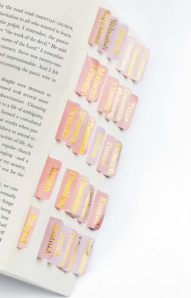 Pink Bible Tabs for Easy Navigation, 75 Laminated Book Labels