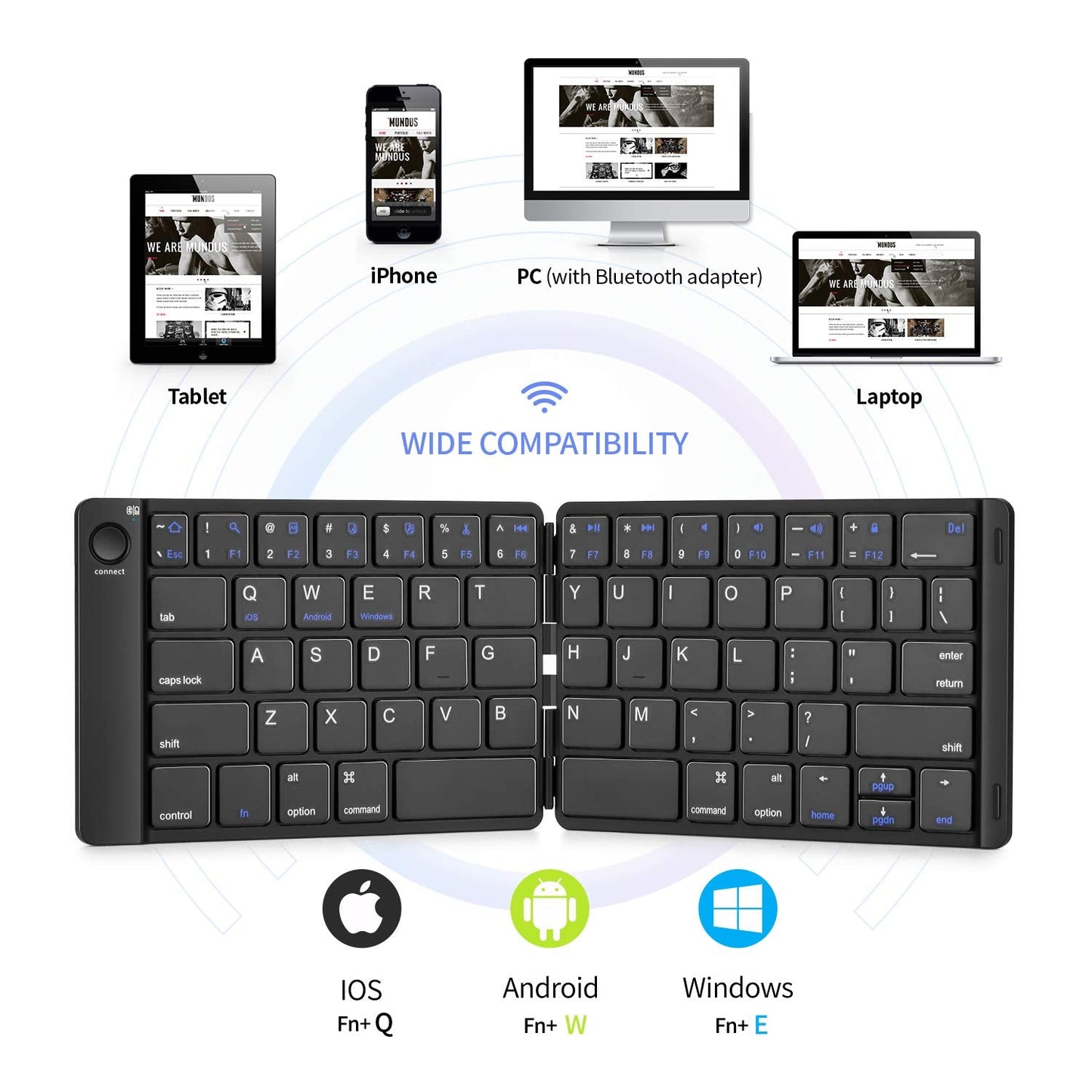 Foldable Bluetooth Keyboard - Portable Wireless Keyboard with Stand Holder, Rechargeable Full Size Ultra Slim Folding Keyboard Compatible IOS Android Windows Smartphone Tablet and Laptop-Black