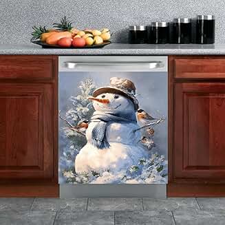 Christmas Snowman and Bird Magnet Cover for Dishwasher and Fridge