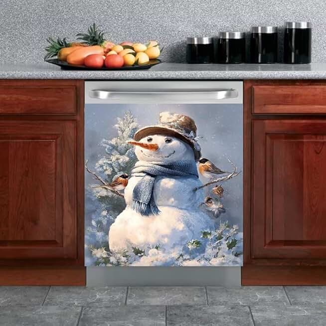 Christmas Snowman and Bird Magnet Cover for Dishwasher and Fridge