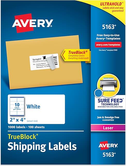 White 2x4 inch printable shipping labels, 1000 sheets