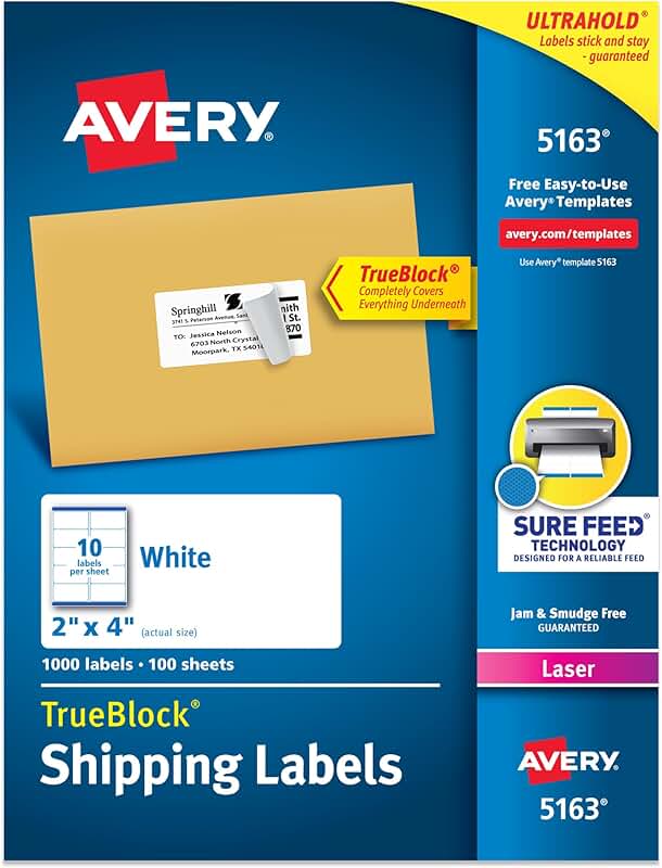 White 2x4 inch printable shipping labels, 1000 sheets
