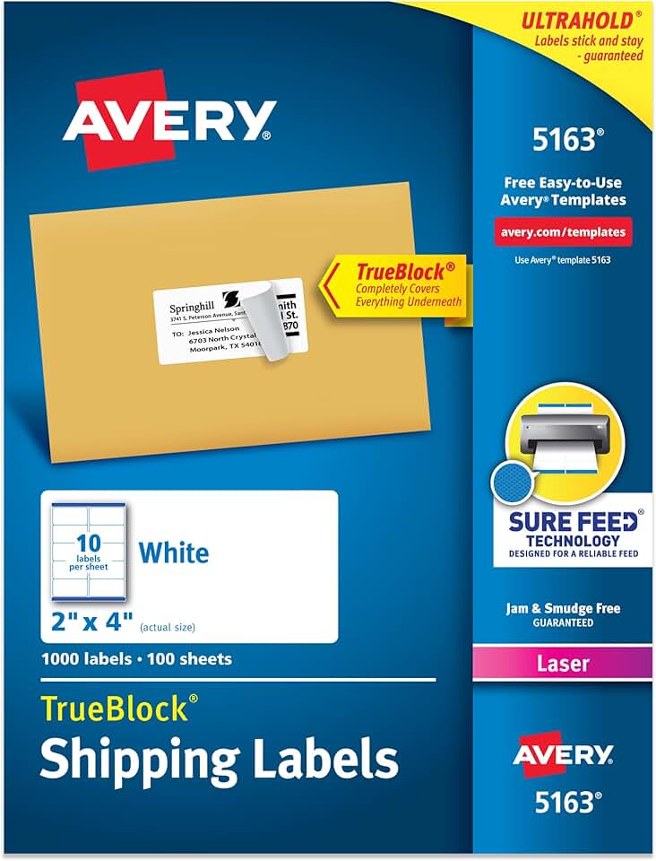 White 2x4 inch printable shipping labels, 1000 sheets