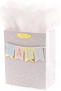 9-inch Baby Gift Bag with Tissue Paper in Grey, Pink, and Blue