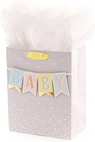 9-inch Baby Gift Bag with Tissue Paper in Grey, Pink, and Blue