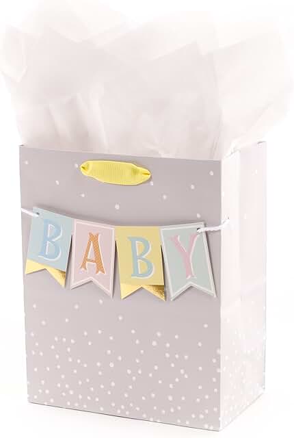 9-inch Baby Gift Bag with Tissue Paper in Grey, Pink, and Blue