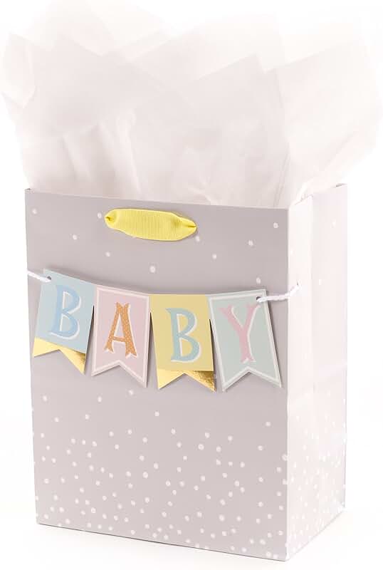 9-inch Baby Gift Bag with Tissue Paper in Grey, Pink, and Blue