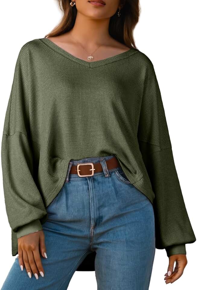 Women's Oversized V-Neck Long Sleeve Waffle Sweater