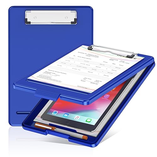 Slim plastic clipboard with storage and low profile clip