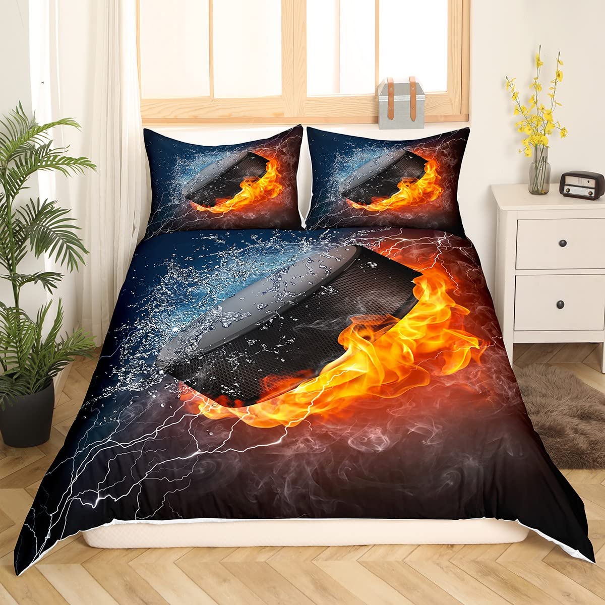 Ice and Bedding Set 3pcs for Kids Boys Teens Sports Theme Comforter Cover Burning Hockey Puck Duvet Cover Set Microfiber Bedspread Cover with 2 Pillow Cases(No Comforter) King Size