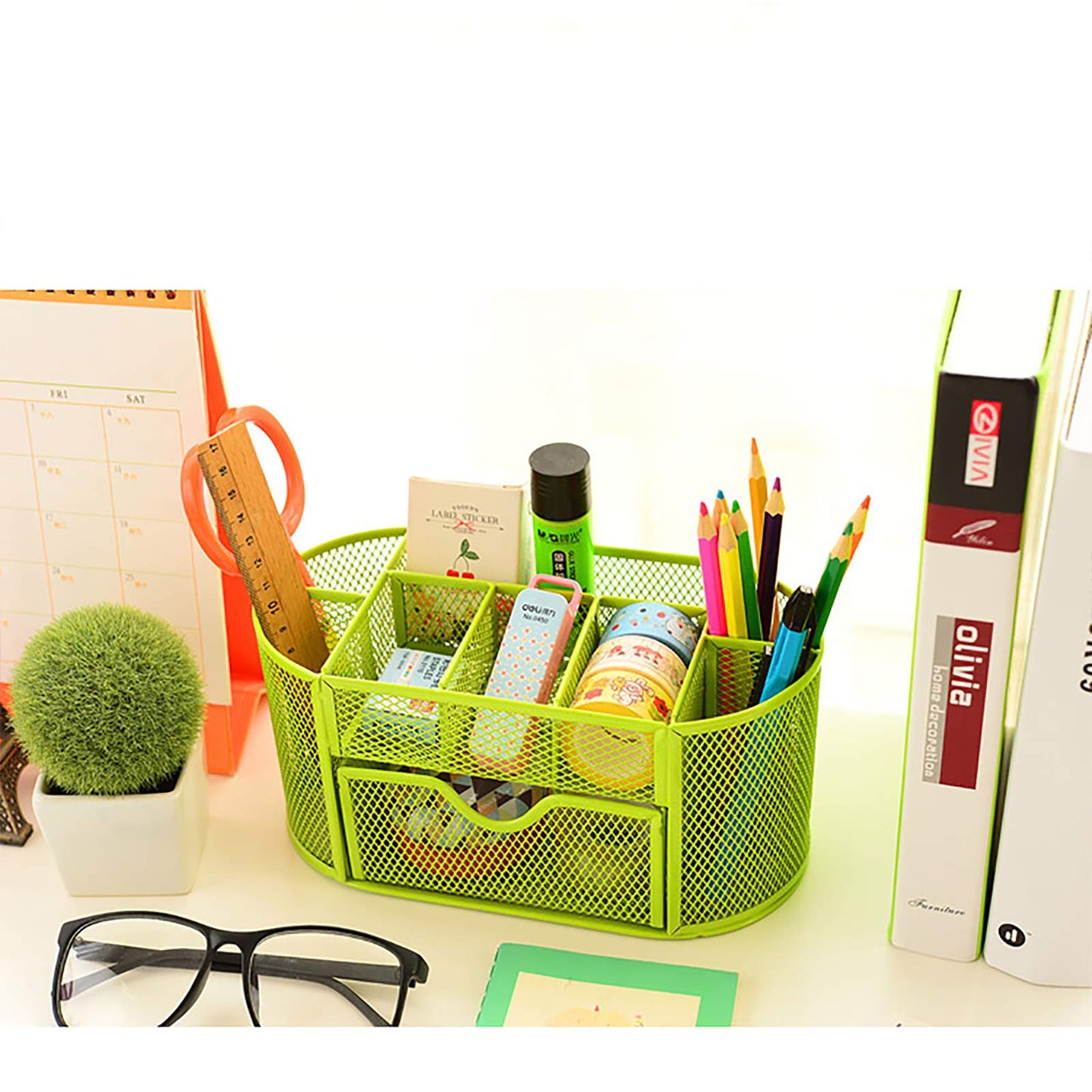 Green Metal Mesh Desk Organizer with Drawer
