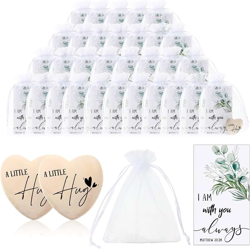 Wooden Heart Pocket Hug Tokens with Bible Card in Organza Bag
