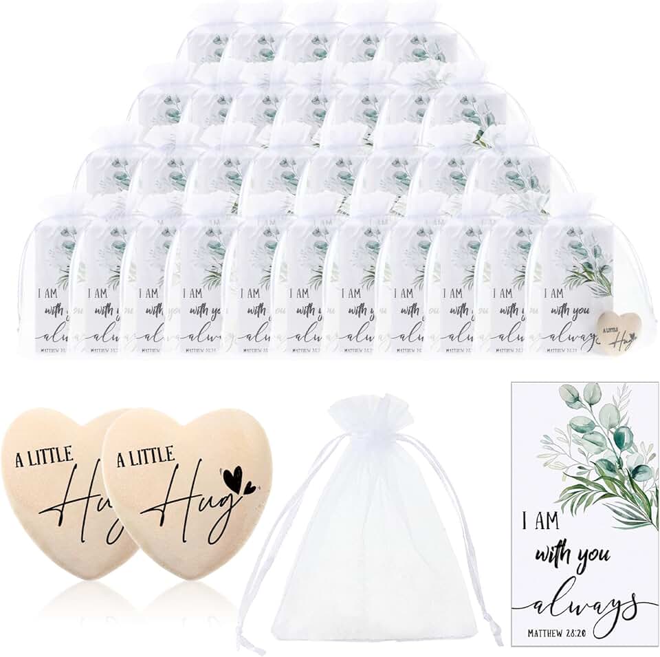 Wooden Heart Pocket Hug Tokens with Bible Card in Organza Bag
