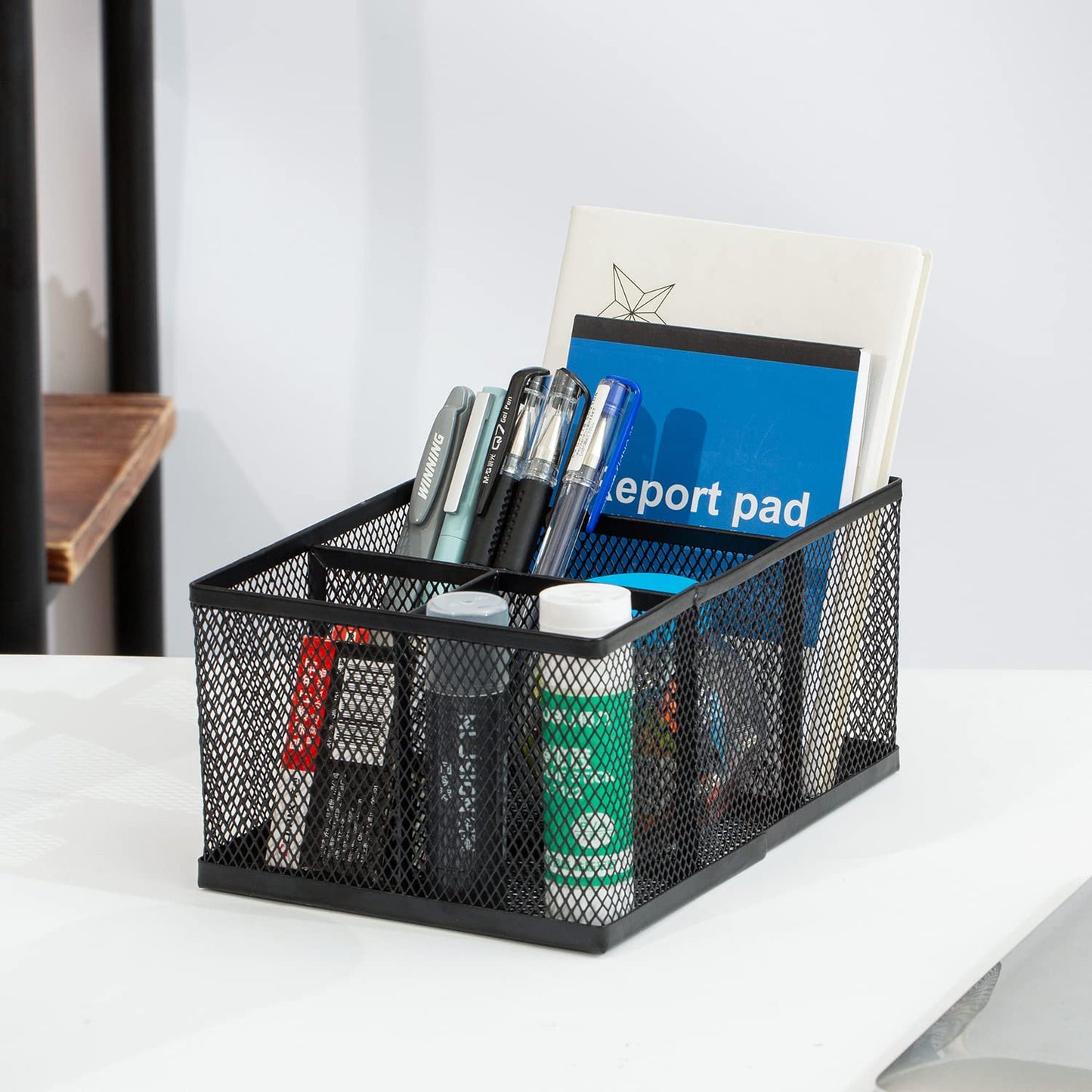 Black Metal Mesh Desk Organizer with 4 Compartments