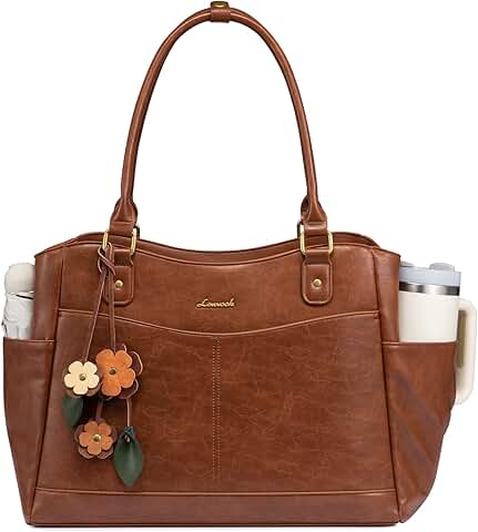 Leather vintage work tote bag with large cup holder