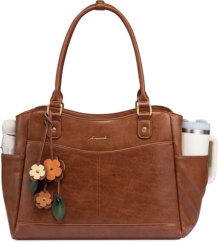 Leather vintage work tote bag with large cup holder