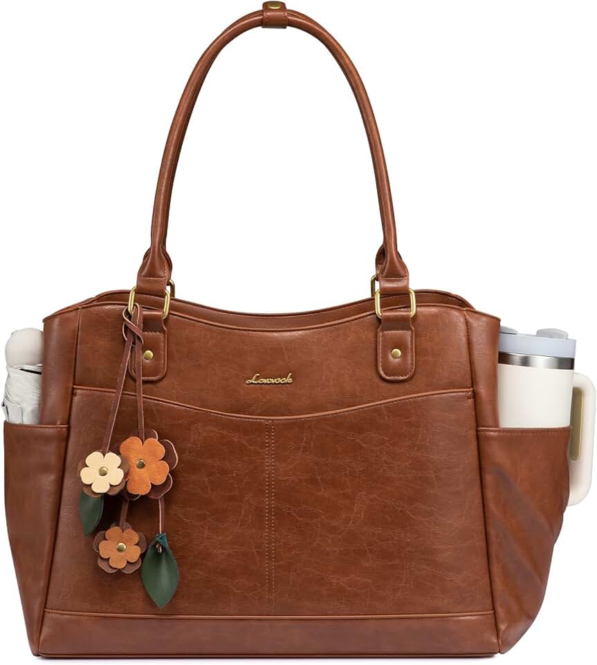 Leather vintage work tote bag with large cup holder