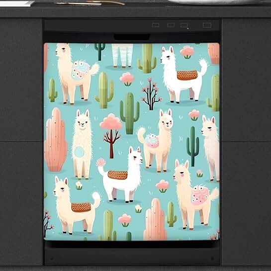 Cute Alpaca and Cactus Dishwasher Magnet Cover