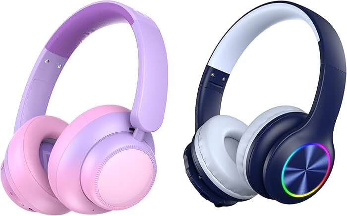 Pink noise-canceling headphones and dark blue Bluetooth headphones for kids