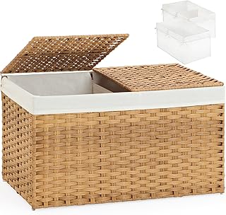 Rattan Storage Basket with 2 Lids, 17.2 Gallon