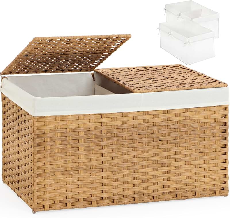 Rattan Storage Basket with 2 Lids, 17.2 Gallon