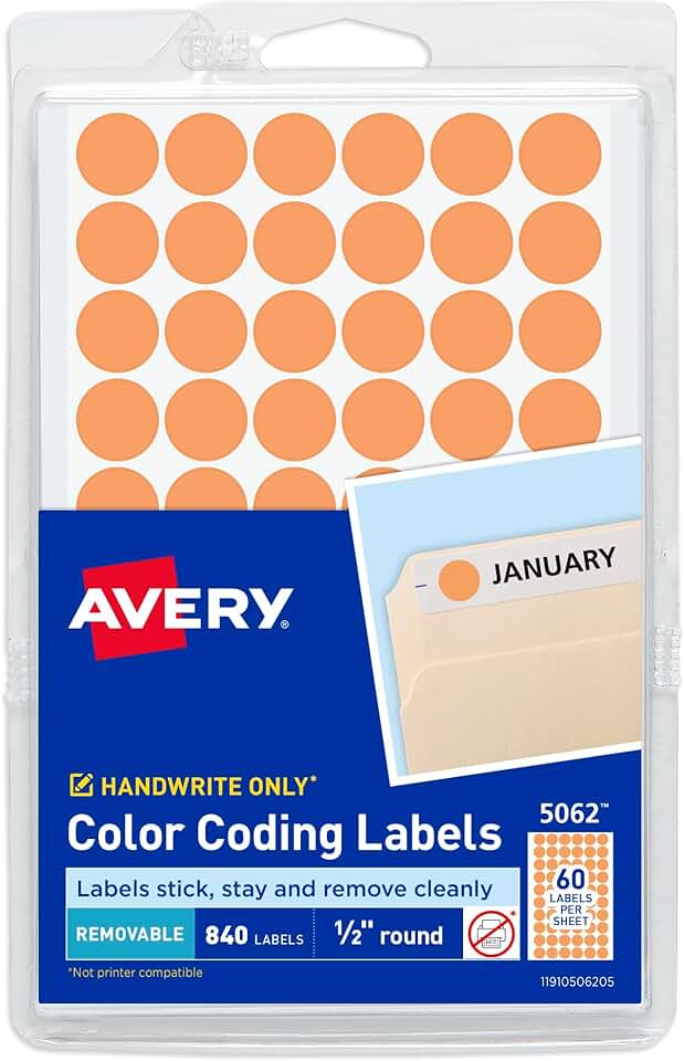Neon Orange Round Removable Labels, 1/2 Inch, 840 Count
