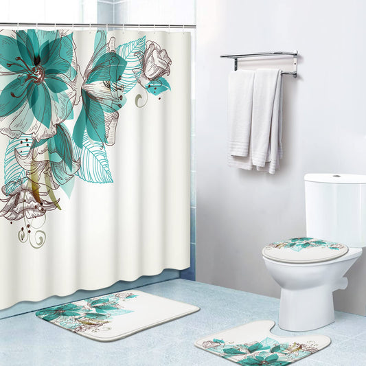 4 Piece Shower Curtain Sets, with 12 Hooks, Retro Teal Flowers Floral Turquoise Rose with Non- Rugs, Tet Lid Cover and Bath Mat, Durable and Waterproof, for Bathroom Decor Set, 72" x 72"