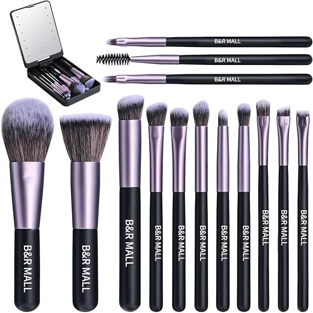 Soft Makeup Brush Set with LED Mirror for On-the-Go Touch-Ups