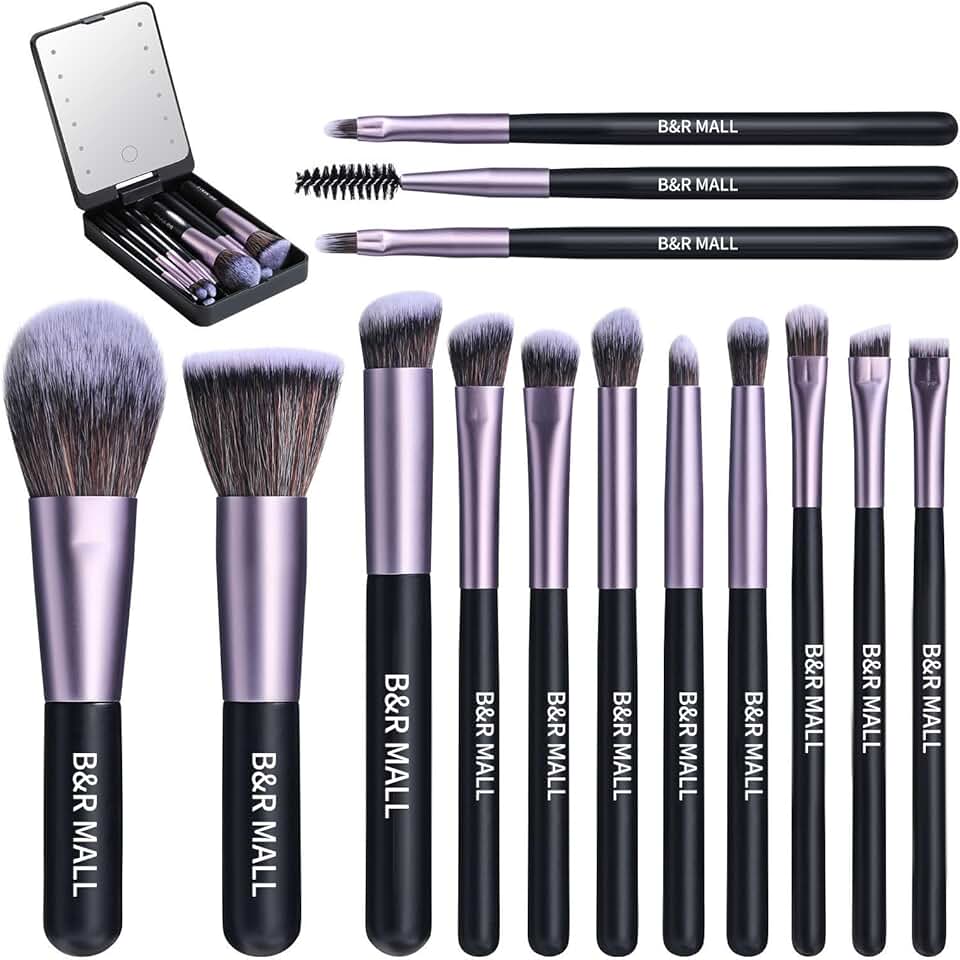 Soft Makeup Brush Set with LED Mirror for On-the-Go Touch-Ups