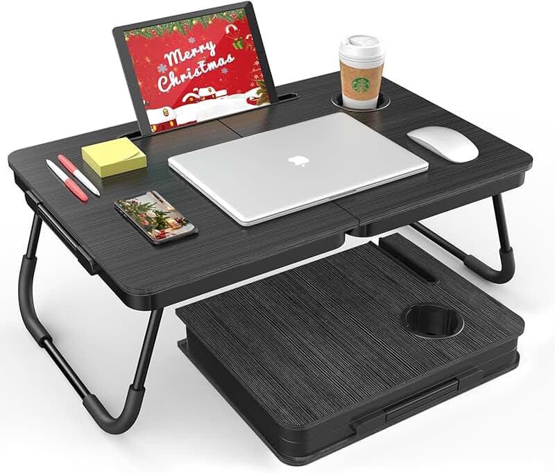 Portable foldable lap desk with cup and phone holders