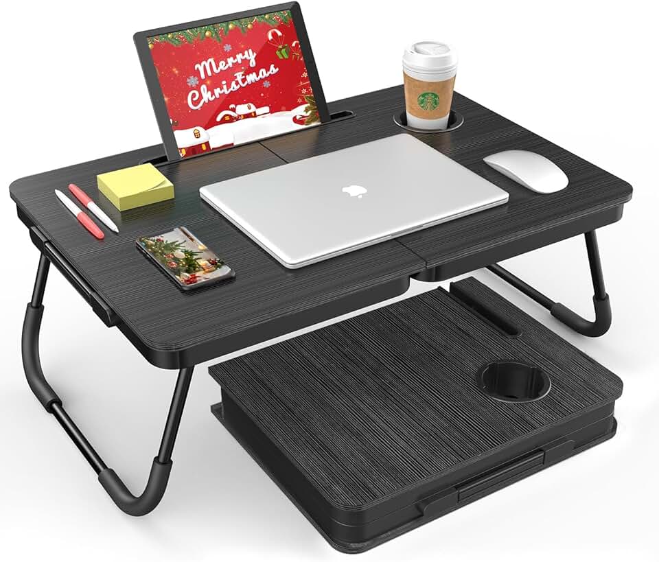 Portable foldable lap desk with cup and phone holders