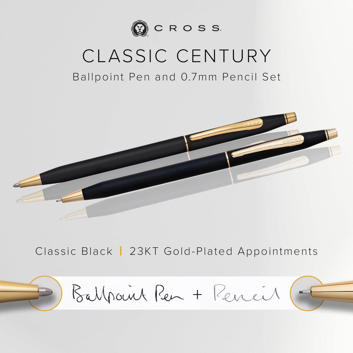 Black ballpoint pen and 0.7mm pencil set with gold accents