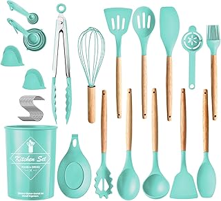 35-Piece Mint Green Kitchen Utensil Set with Wooden Handles