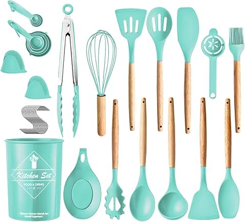 35-Piece Mint Green Kitchen Utensil Set with Wooden Handles