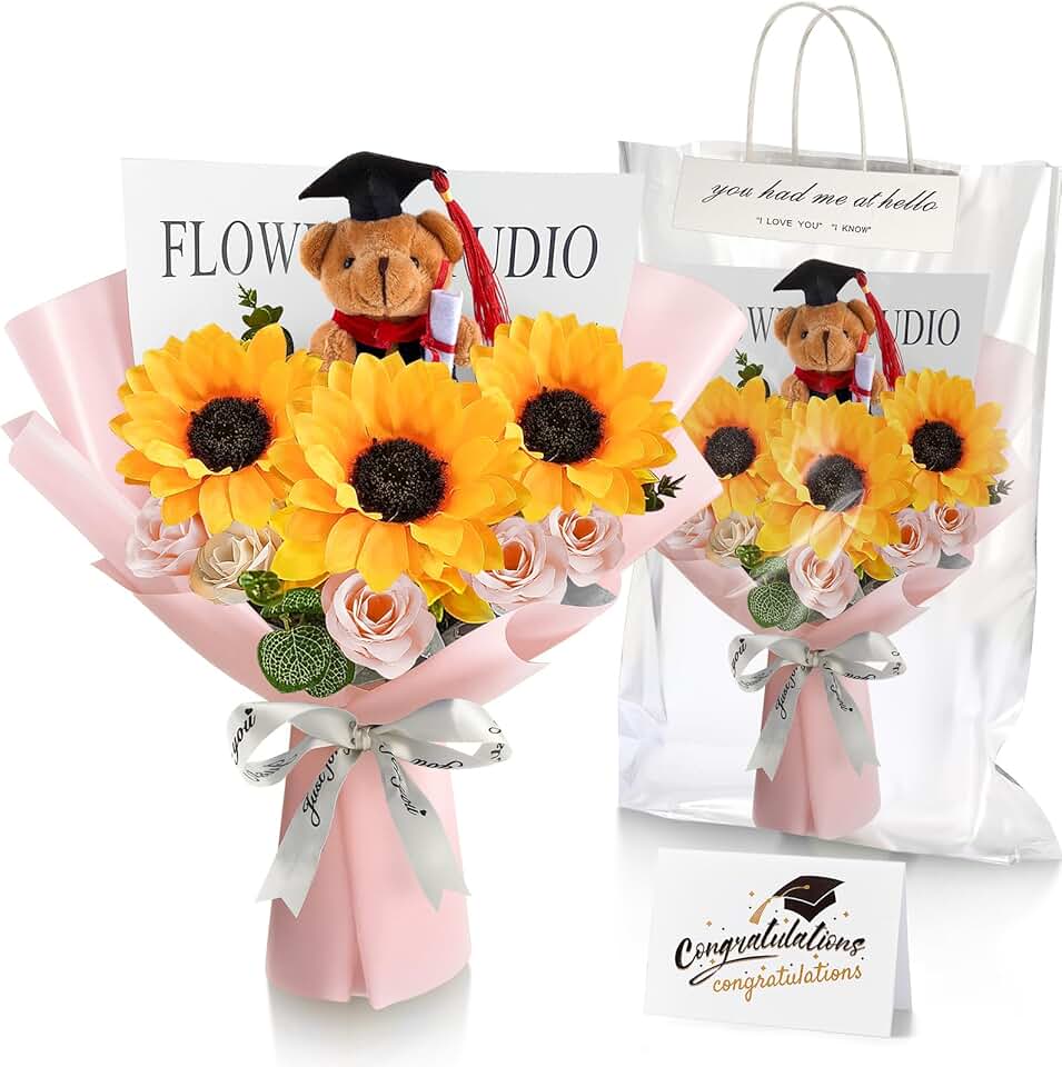 Pink Graduation Bear and Flower Bouquet Gift Set