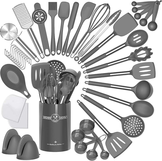 Pink Silicone Cooking Utensils Set with Wooden Handles