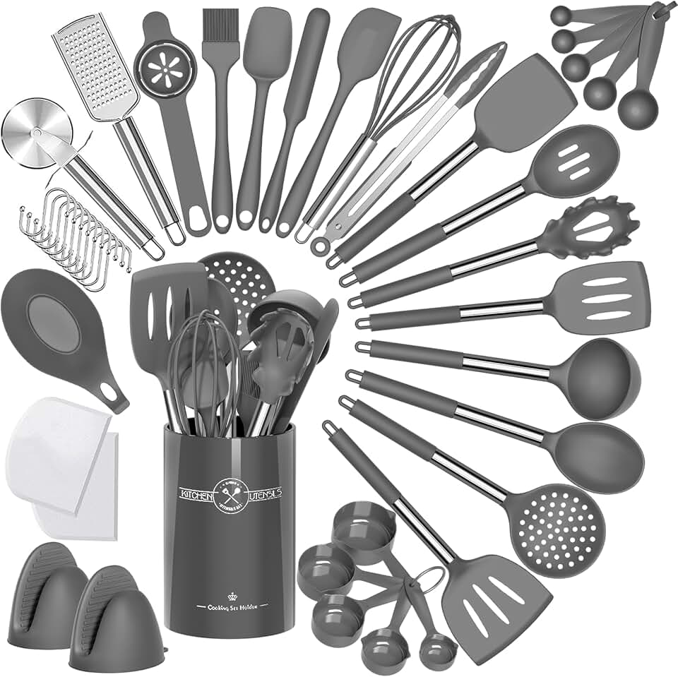 43-Piece Silicone Kitchen Utensil Set with Stainless Steel Handles