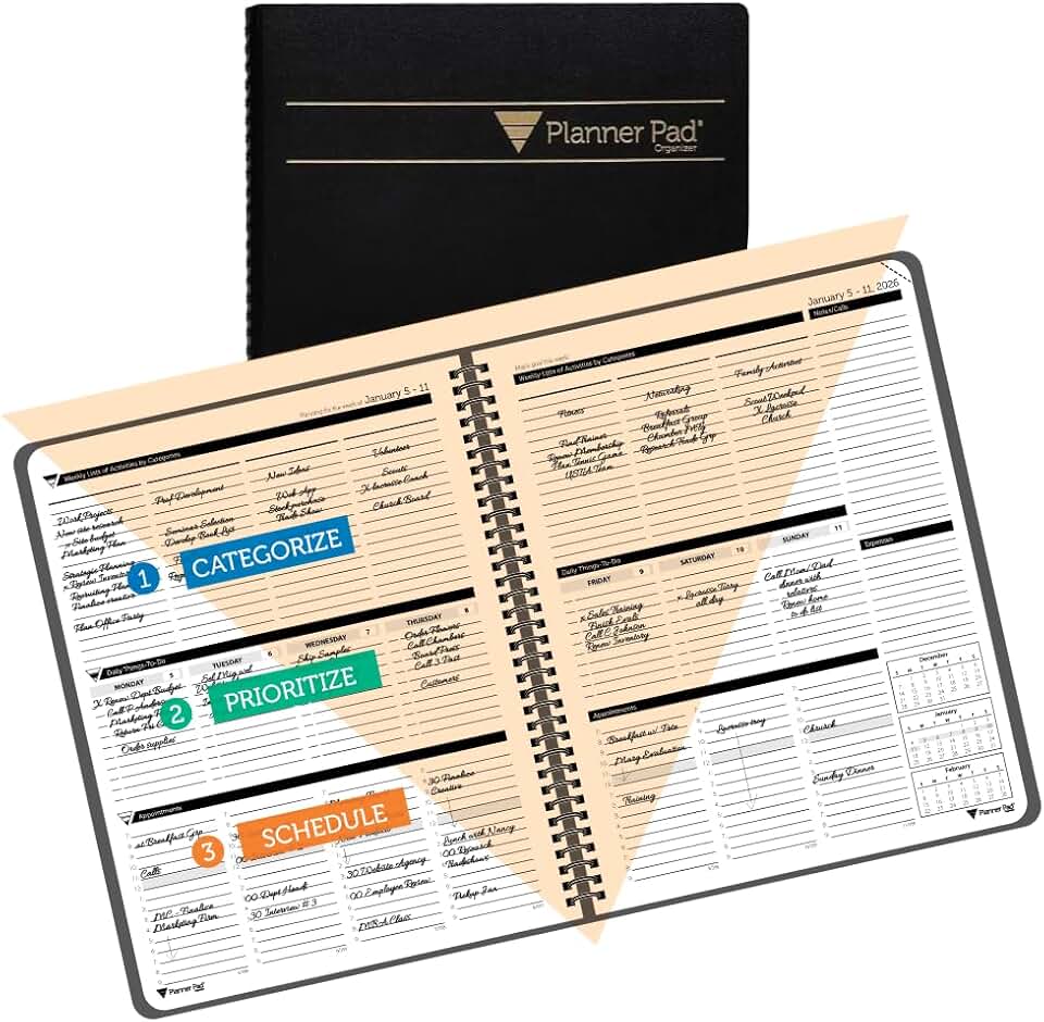 Spiral Bound 2026 Weekly Planner, 8.5 x 11, Black