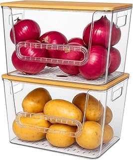 Two Stackable Clear Vegetable Storage Bins with Bamboo Lids